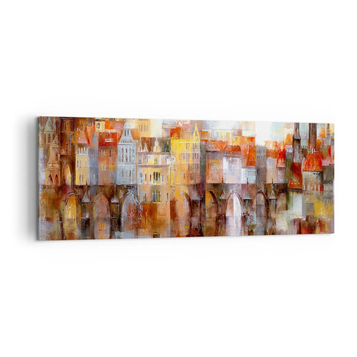 Bild auf Leinwand - Leinwandbild - Ein malerisches Panorama der Stadt mit einer Brücke in Herbstfarben - 140x50cm - Schön ist es auch unter der Brücke - Moderne Wanddekoration für Wohnzimmer und Schlafzimmer ARTTOR