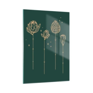 Glasbild - Bild auf glas - Goldene Umrisse von Kräutern und Blumen auf dunkelgrünem Hintergrund - 50x70cm - Familie ZIÓŁkowski - Moderne Wanddekoration für Wohnzimmer und Schlafzimmer ARTTOR