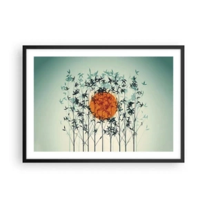 Poster in einem schwarzem Rahmen - Orange Sonne zwischen den Bambuszweigen - 70x50cm - Japanische Sonne - Moderne Wanddekoration für Wohnzimmer und Schlafzimmer ARTTOR