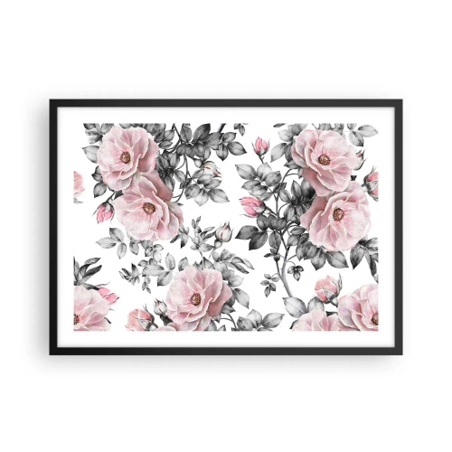 Poster in einem schwarzem Rahmen - Rosa Rosen und Blätter auf einem zarten schwarz-weißen Hintergrund - 70x50cm - Verliere dich in den Blüten der Rosen - Moderne Wanddekoration für Wohnzimmer und Schlafzimmer ARTTOR