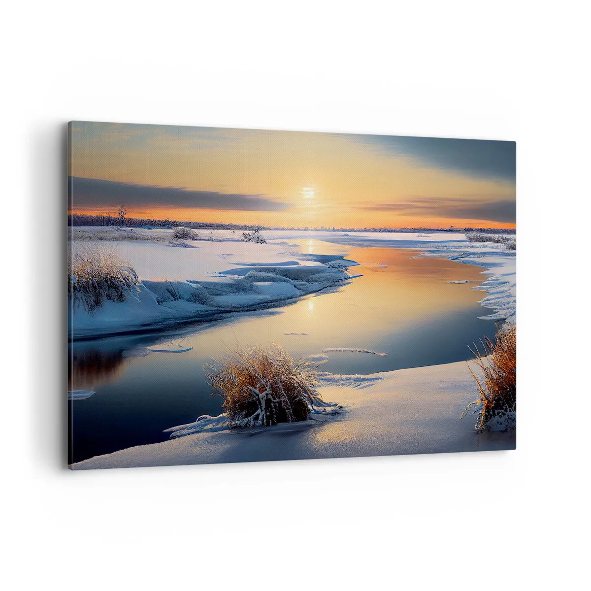 Bild auf Leinwand - Leinwandbild - Winterlandschaft mit einem Fluss bei Sonnenuntergang - 120x80cm - Wintersonnenuntergang - Moderne Wanddekoration für Wohnzimmer und Schlafzimmer ARTTOR