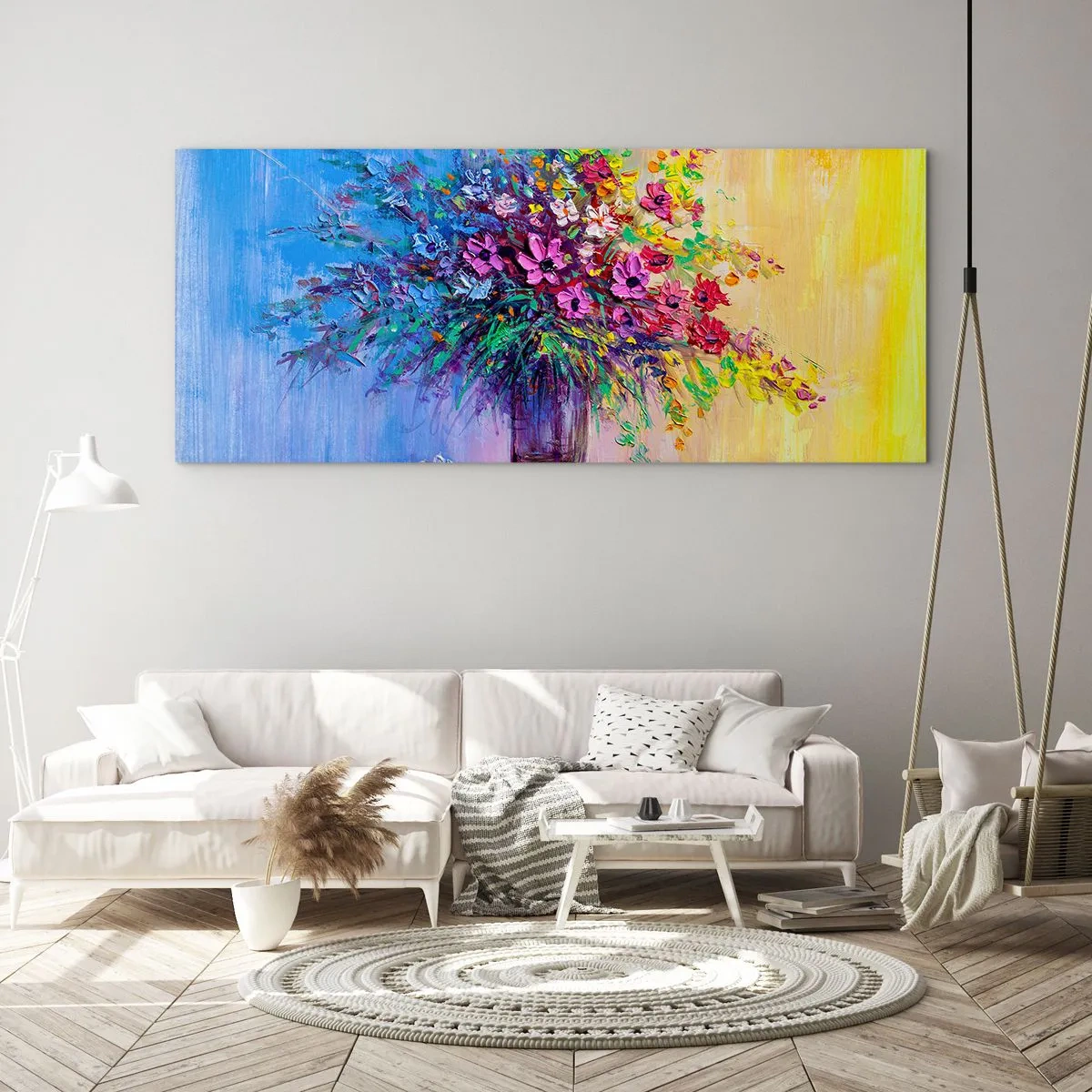 Glasbild - Bild auf glas - Ein bunter Blumenstrauß in einer Vase vor einem Hintergrund mit Farbverlauf - 120x50cm - Sommergeschenk der Wiese - Moderne Wanddekoration für Wohnzimmer und Schlafzimmer ARTTOR