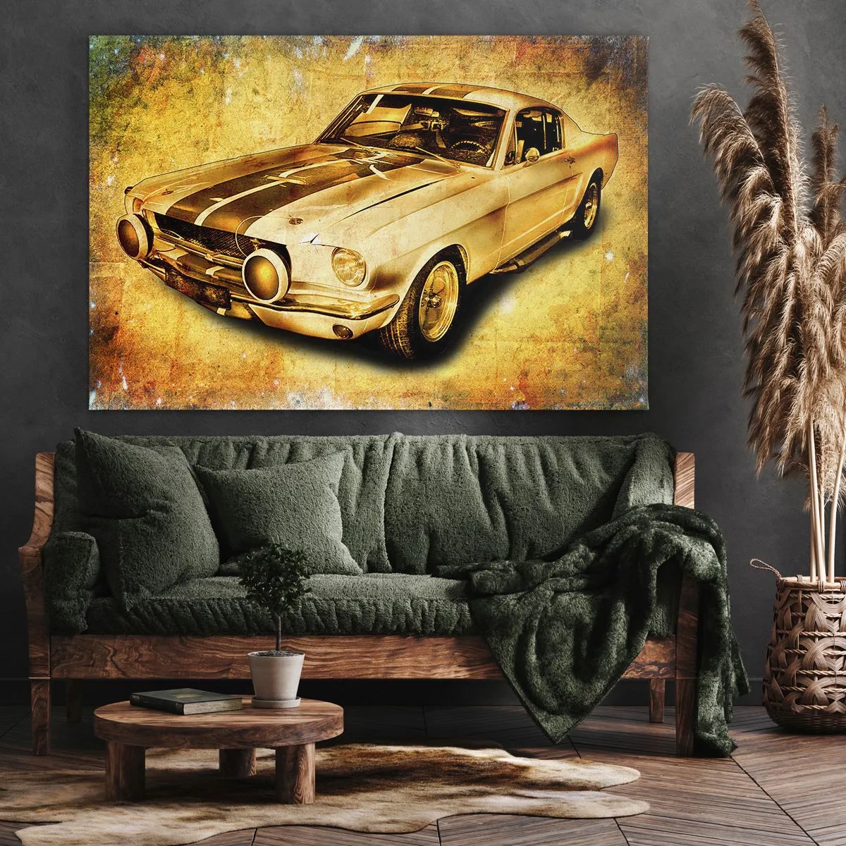 Bild auf Leinwand - Leinwandbild - Klassischer Retro-Sportwagen auf Vintage-Hintergrund in Goldtönen - 120x80cm - Die verrückten 70er Jahre - Moderne Wanddekoration für Wohnzimmer und Schlafzimmer ARTTOR