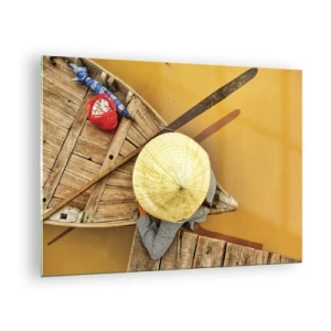 Glasbild - Bild auf glas - Draufsicht auf ein Boot und eine Person mit einem konischen Hut - 70x50cm - Leben am Gelben Fluss - Moderne Wanddekoration für Wohnzimmer und Schlafzimmer ARTTOR