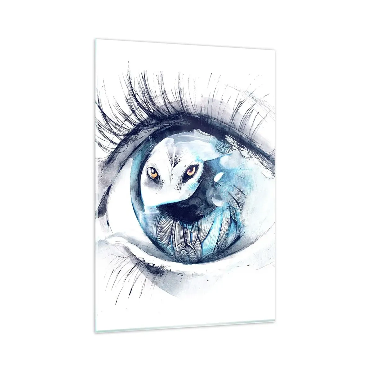 Glasbild - Bild auf glas - Ein Auge mit dem Bild einer Eule in Aquarell-Blautönen - 80x120cm - Auge in Auge mit Wildheit - Moderne Wanddekoration für Wohnzimmer und Schlafzimmer ARTTOR