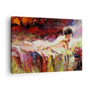 Bild auf Leinwand - Leinwandbild - Eine Frau liegt auf einem Bett vor einem Hintergrund aus abstrakten Farben. - 70x50cm - Venus in Gedanken - Moderne Wanddekoration für Wohnzimmer und Schlafzimmer ARTTOR