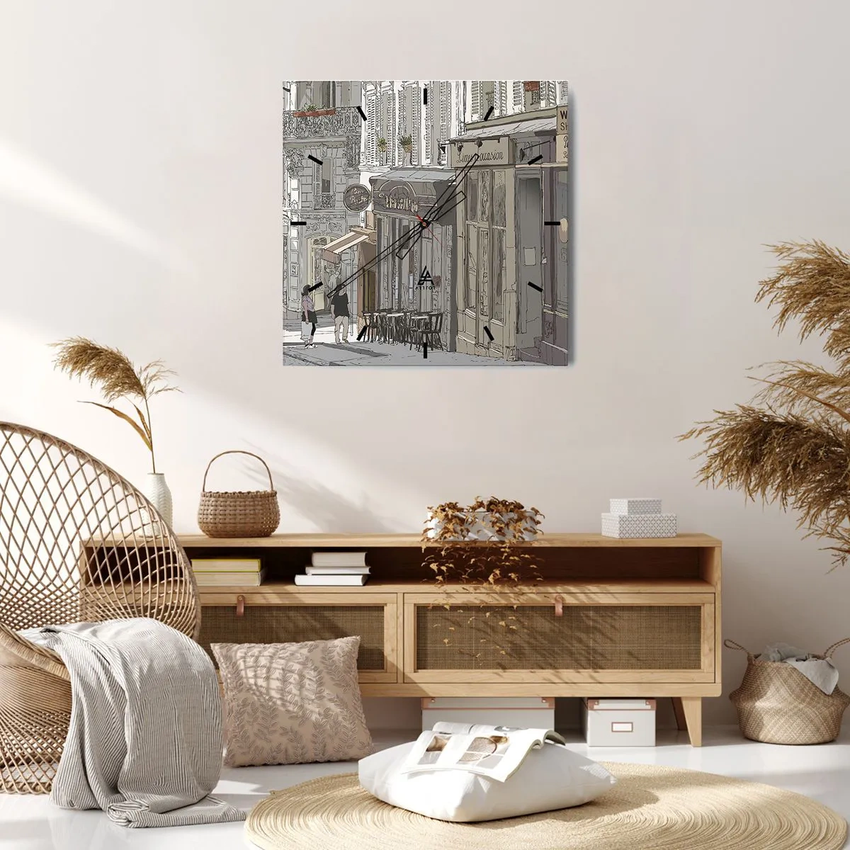 Wanduhr - Glasuhr - Abbildung einer Stadtstraße mit Cafés und Geschäften - 30x30cm - Stadtfreuden - Moderne Wanddekoration für Wohnzimmer und Schlafzimmer ARTTOR