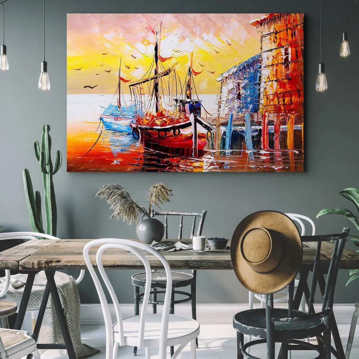 Bild auf Leinwand - Leinwandbild - Malerischer Hafen bei Sonnenuntergang mit Fischerbooten - 120x80cm - Glückliche Rückkehr - Moderne Wanddekoration für Wohnzimmer und Schlafzimmer ARTTOR