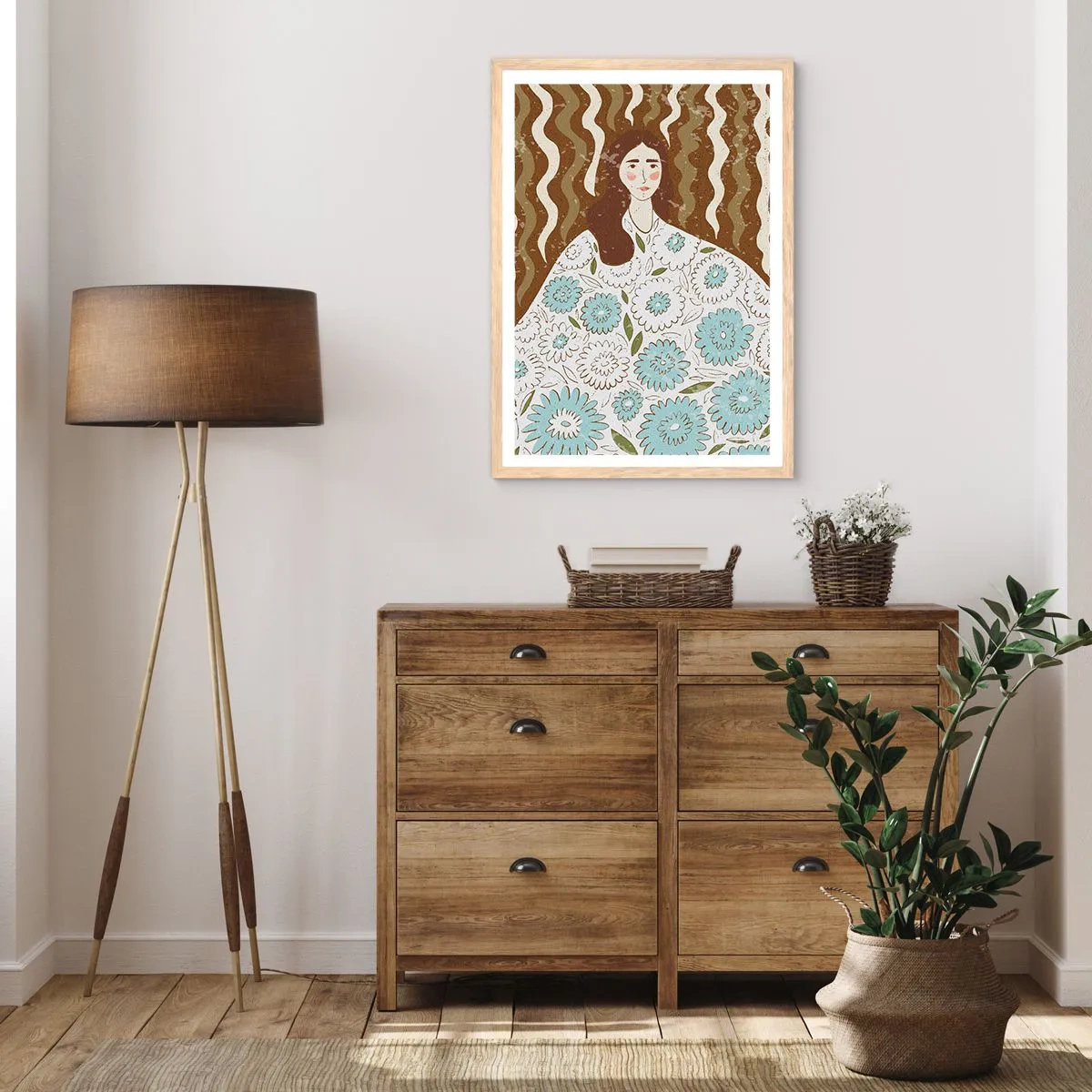 Poster in einem Rahmen aus heller Eiche - Porträt im floralen Gewand - 70x100 cm