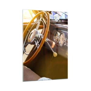 Glasbild - Bild auf glas - Innenraum eines Oldtimers mit Holzlenkrad - 50x70cm - Ein Hauch von Luxus aus der Vergangenheit - Moderne Wanddekoration für Wohnzimmer und Schlafzimmer ARTTOR