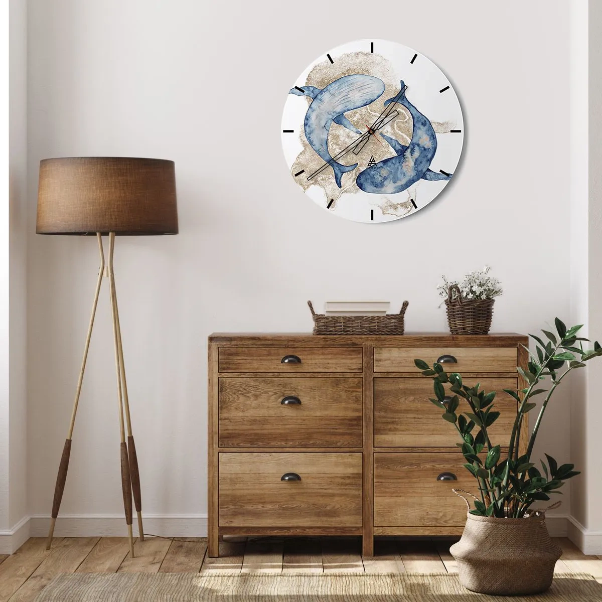 Wanduhr - Glasuhr - Blauwale vor dem goldenen Sand - 30x30cm - Freundschaft oder Liebe? - Moderne Wanddekoration für Wohnzimmer, Küche und Schlafzimmer ARTTOR