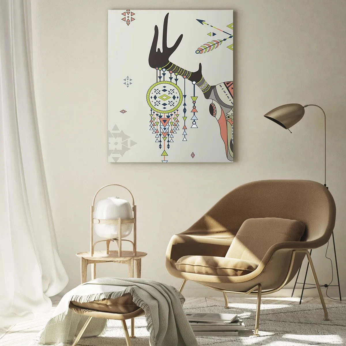 Glasbild - Bild auf glas - Boho Deko mit Hirschschädel und Traumfänger - 70x100cm - Indische Jägertrophäe - Moderne Wanddekoration für Wohnzimmer und Schlafzimmer ARTTOR