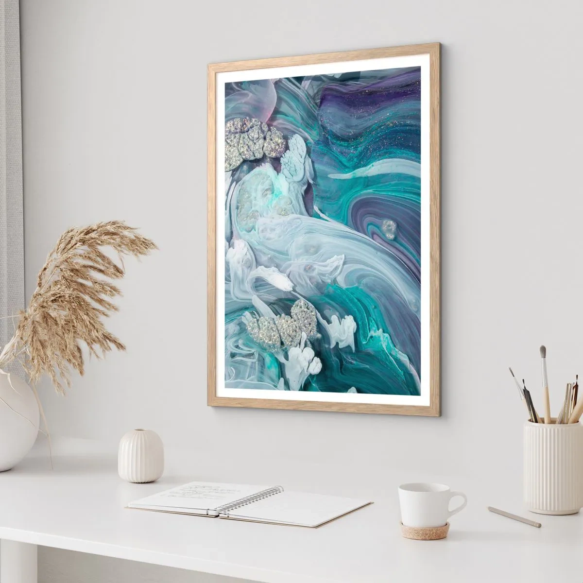 Poster in einem Rahmen aus heller Eiche - Strömungen von Himmelblau - 70x100 cm