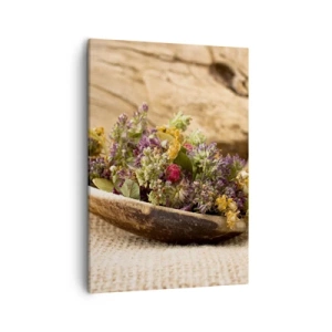 Bild auf Leinwand - Leinwandbild - Getrocknete Kräuter in einem Holzlöffel auf natürlichem Holzhintergrund - 50x70cm - Bunte Blumen und duftende Kräuter - Moderne Wanddekoration für Wohnzimmer und Schlafzimmer ARTTOR