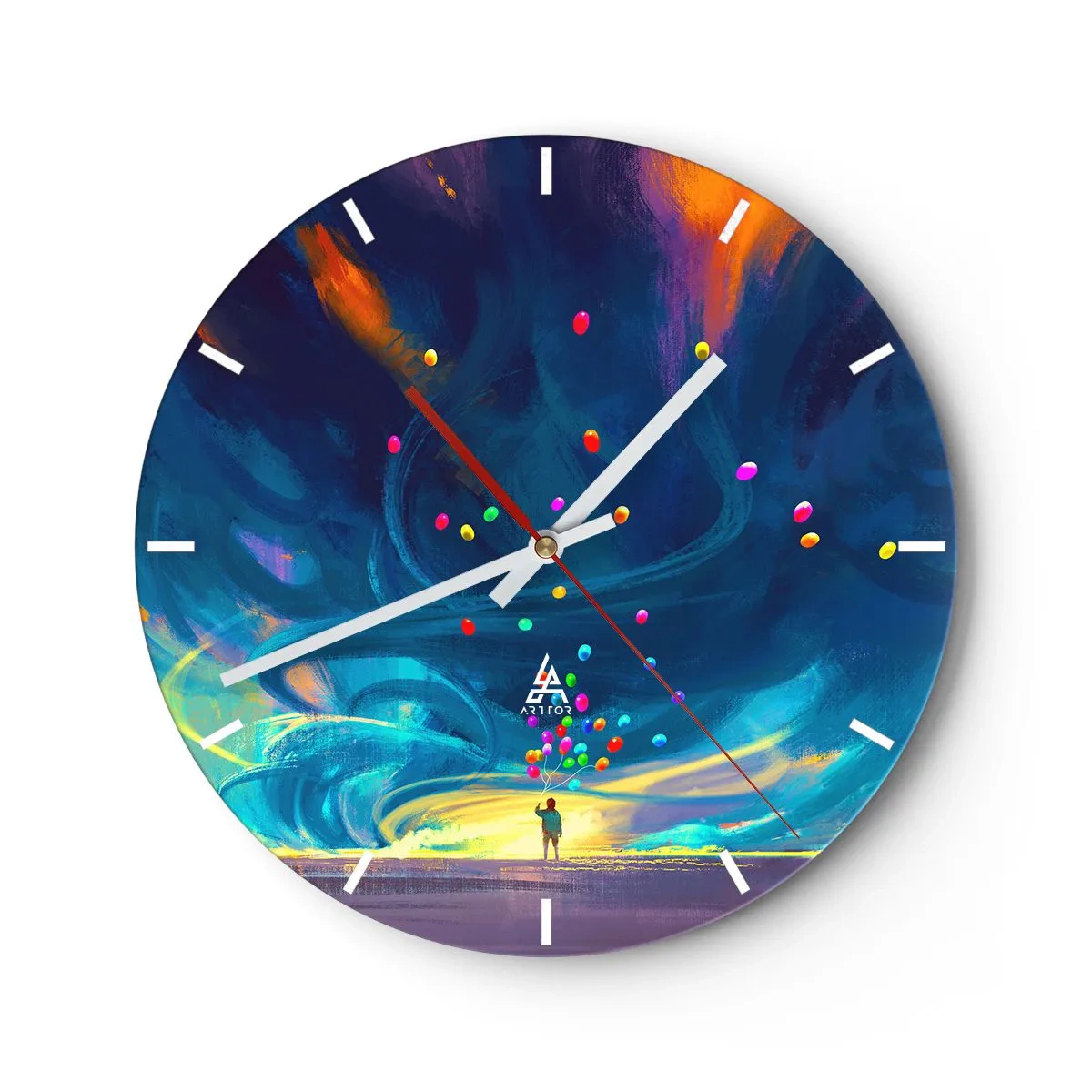 Wanduhr - Glasuhr - Eine Person mit bunten Luftballons vor einem dynamischen Himmelshintergrund. - 30x30cm - Zum blauen Wind - Moderne Wanddekoration für Wohnzimmer, Küche und Schlafzimmer ARTTOR