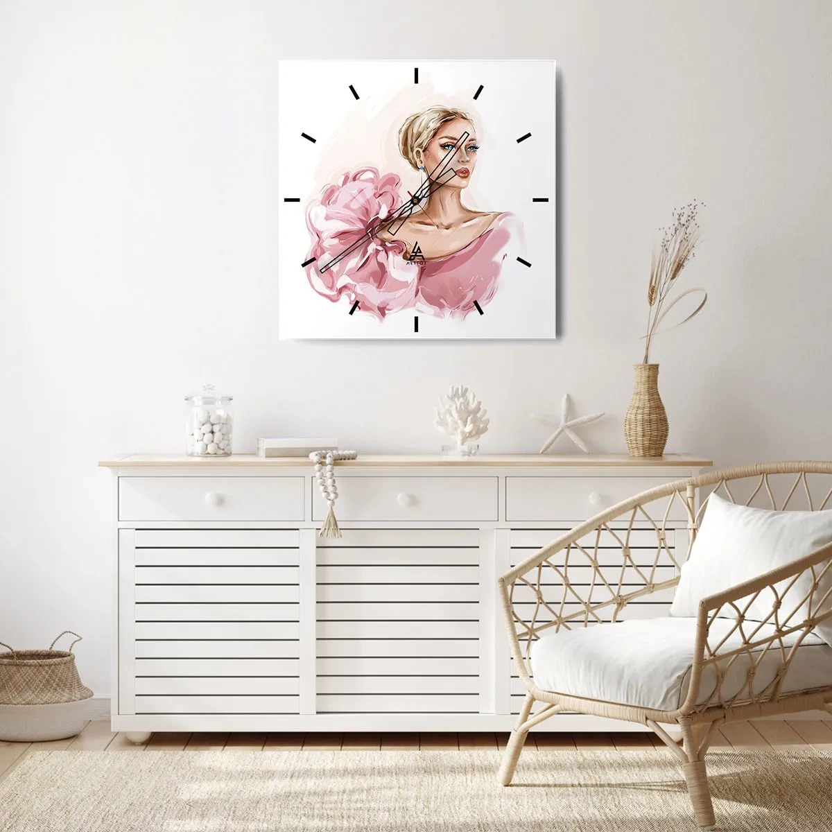 Wanduhr - Glasuhr - Porträt einer Frau in einem rosa Kleid vor hellem Hintergrund - 30x30cm - Wie gemalt ... - Moderne Wanddekoration für Wohnzimmer und Schlafzimmer ARTTOR