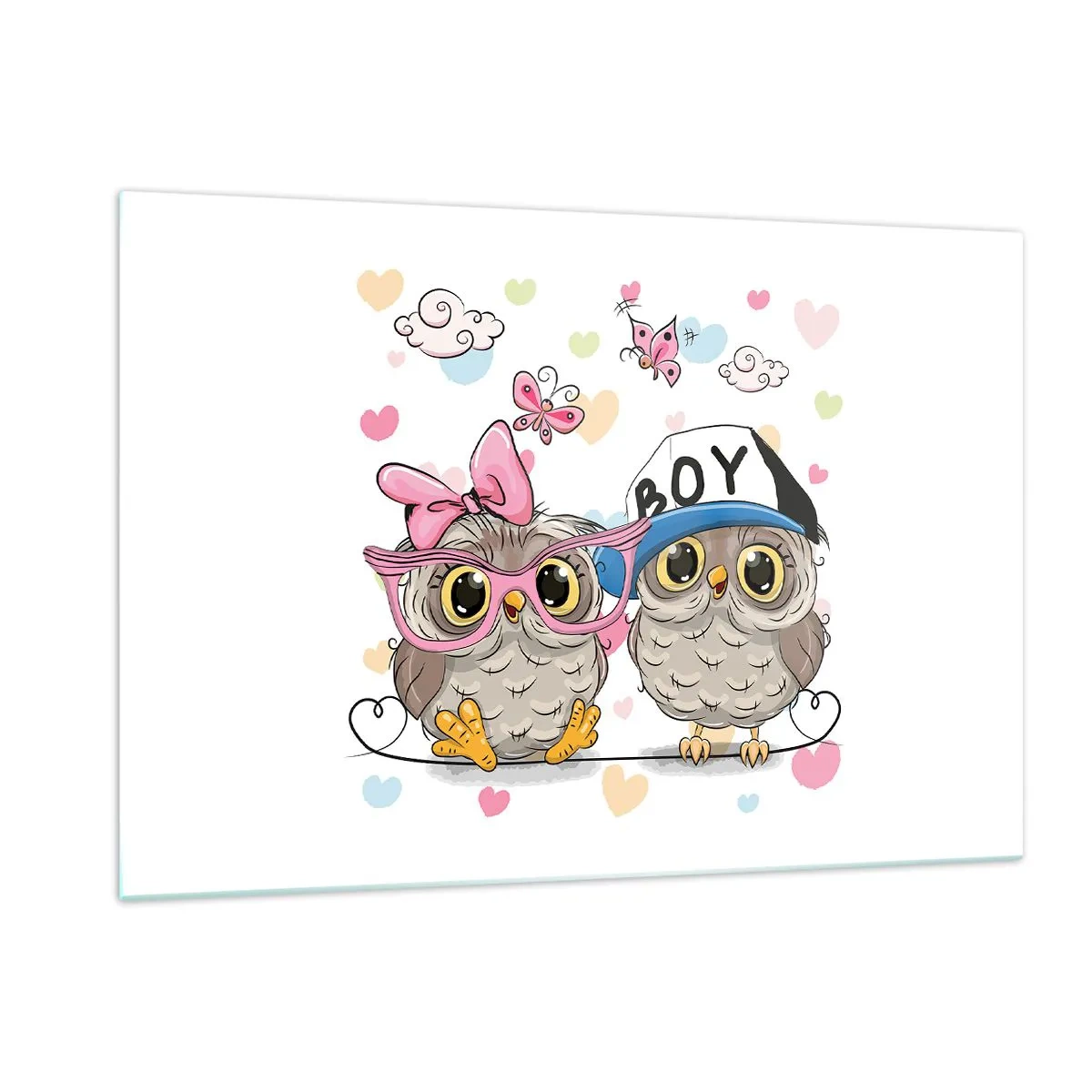 Glasbild - Bild auf glas - Ein Paar fröhlicher Eulen in einer Pastellkomposition - 120x80cm - Lass uns Liebe machen! - Moderne Wanddekoration für Wohnzimmer und Schlafzimmer ARTTOR