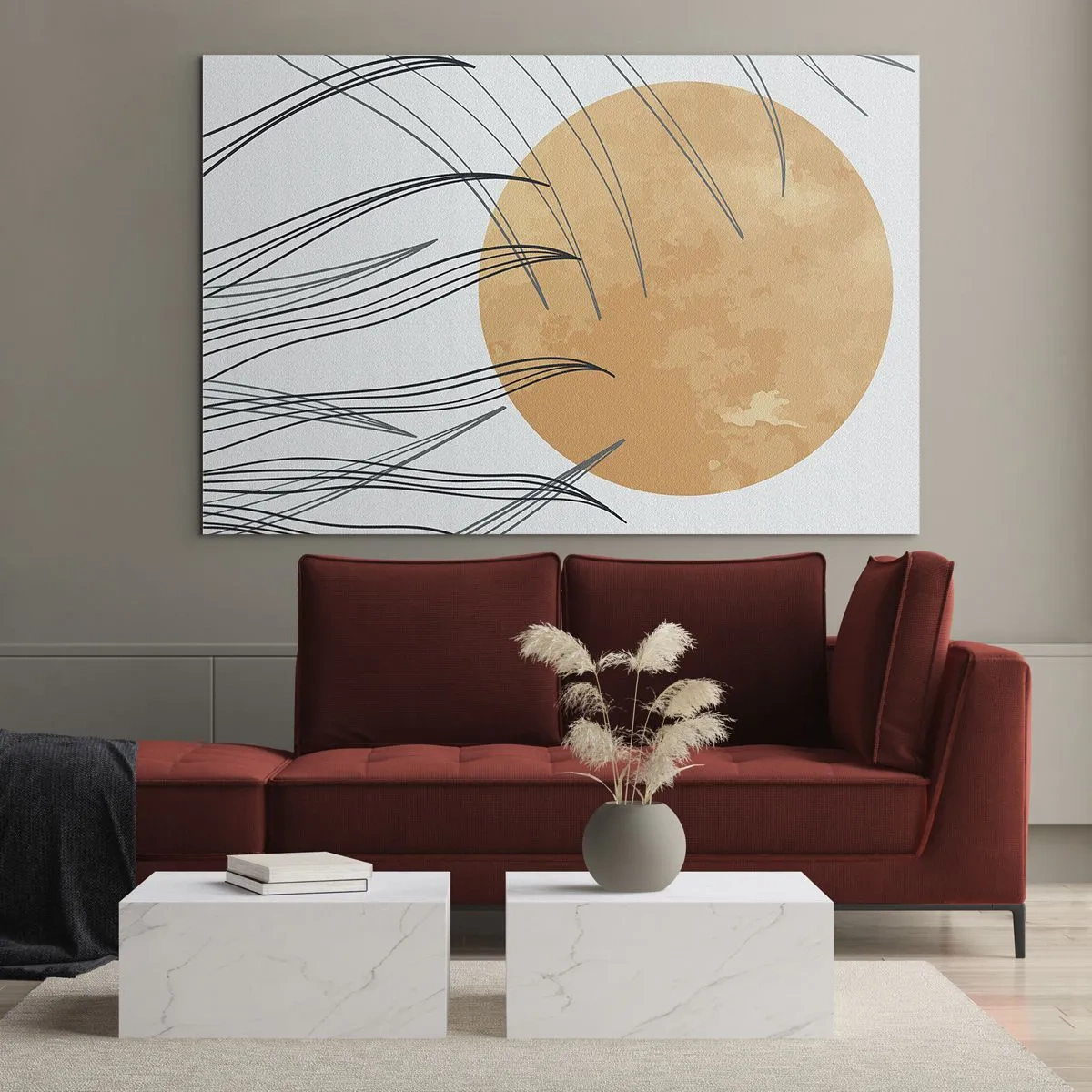 Glasbild - Bild auf glas - Orange Sonne mit dynamischen Linien auf hellem Hintergrund - 70x50cm - Immer der Sonne entgegen - Moderne Wanddekoration für Wohnzimmer und Schlafzimmer ARTTOR