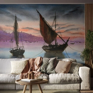 Maßgeschneiderte Fototapete Premium Sand - Abend am Hafen - Segelboote, Strand, Landschaft