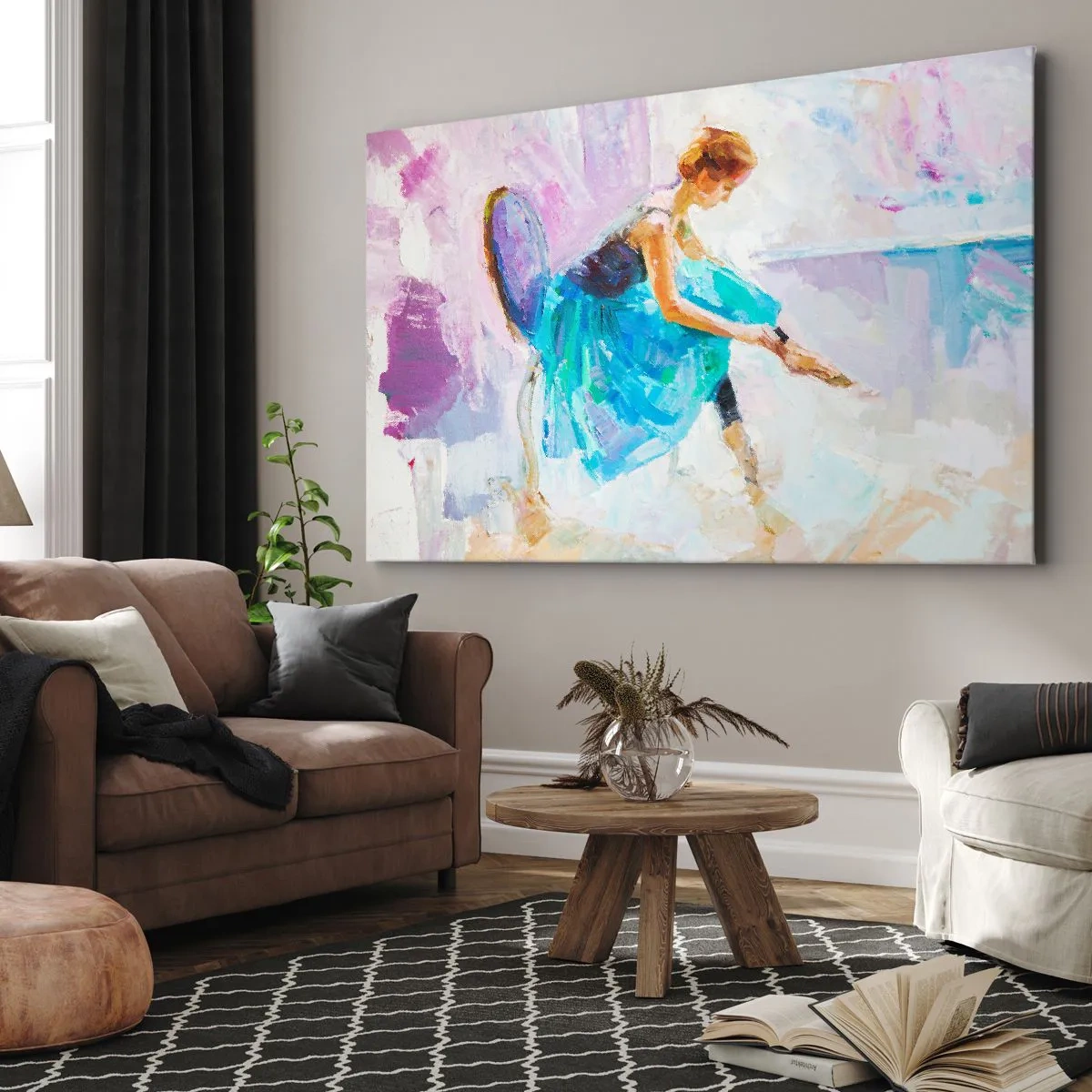 Bild auf Leinwand - Leinwandbild - Eine Ballerina in Pastelltönen bereitet sich auf den Tanz vor. - 70x50cm - Unbeschreibliche Anmut, subtiler Charme - Moderne Wanddekoration für Wohnzimmer und Schlafzimmer ARTTOR
