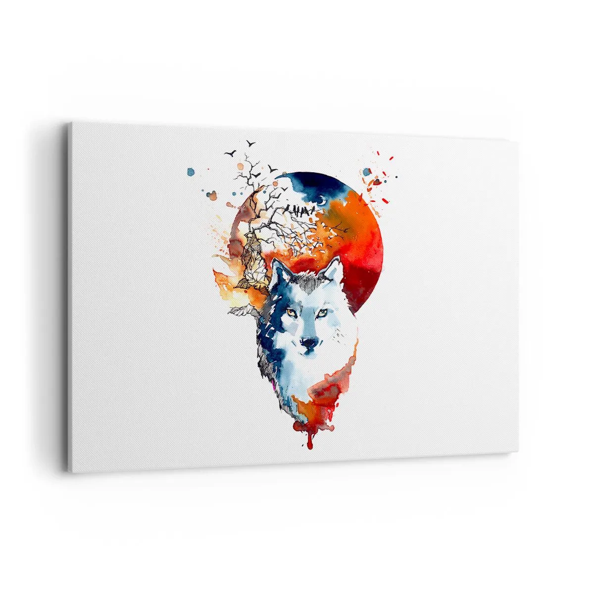 Bild auf Leinwand - Leinwandbild - Abstraktes Aquarell eines Wolfes vor einem roten Mond - 100x70cm - Nase an Nase mit der Nacht - Moderne Wanddekoration für Wohnzimmer und Schlafzimmer ARTTOR