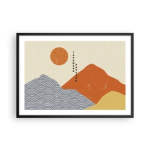 Poster in einem schwarzem Rahmen - Japanische Muster mit Bergen, Sonne und minimalistischem Stil - 70x50cm - Im japanischen Geist - Moderne Wanddekoration für Wohnzimmer und Schlafzimmer ARTTOR