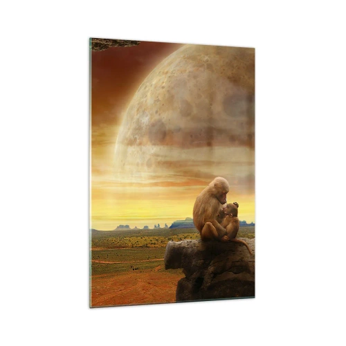 Glasbild - Bild auf glas - Affen sitzen auf einem Felsen in einer surrealen Landschaft mit einem riesigen Planeten - 70x100cm - Die Liebe ist überall gleich - Moderne Wanddekoration für Wohnzimmer und Schlafzimmer ARTTOR