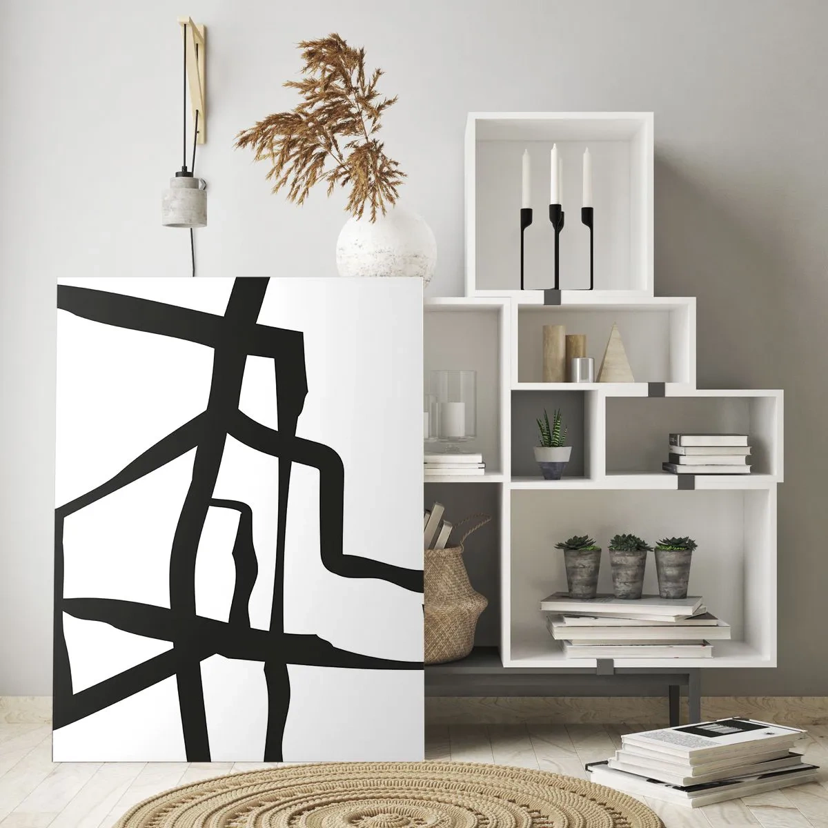 Glasbild - Bild auf glas - Minimalistisches Schwarz-Weiß-Muster mit geometrischen Linien - 80x120cm - Schwarz-Weiß-Design - Moderne Wanddekoration für Wohnzimmer und Schlafzimmer ARTTOR