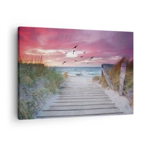 Bild auf Leinwand - Leinwandbild - Holzweg am Strand bei rosa Sonnenuntergang - 70x50cm - Baltischer Eindruck - Moderne Wanddekoration für Wohnzimmer und Schlafzimmer ARTTOR