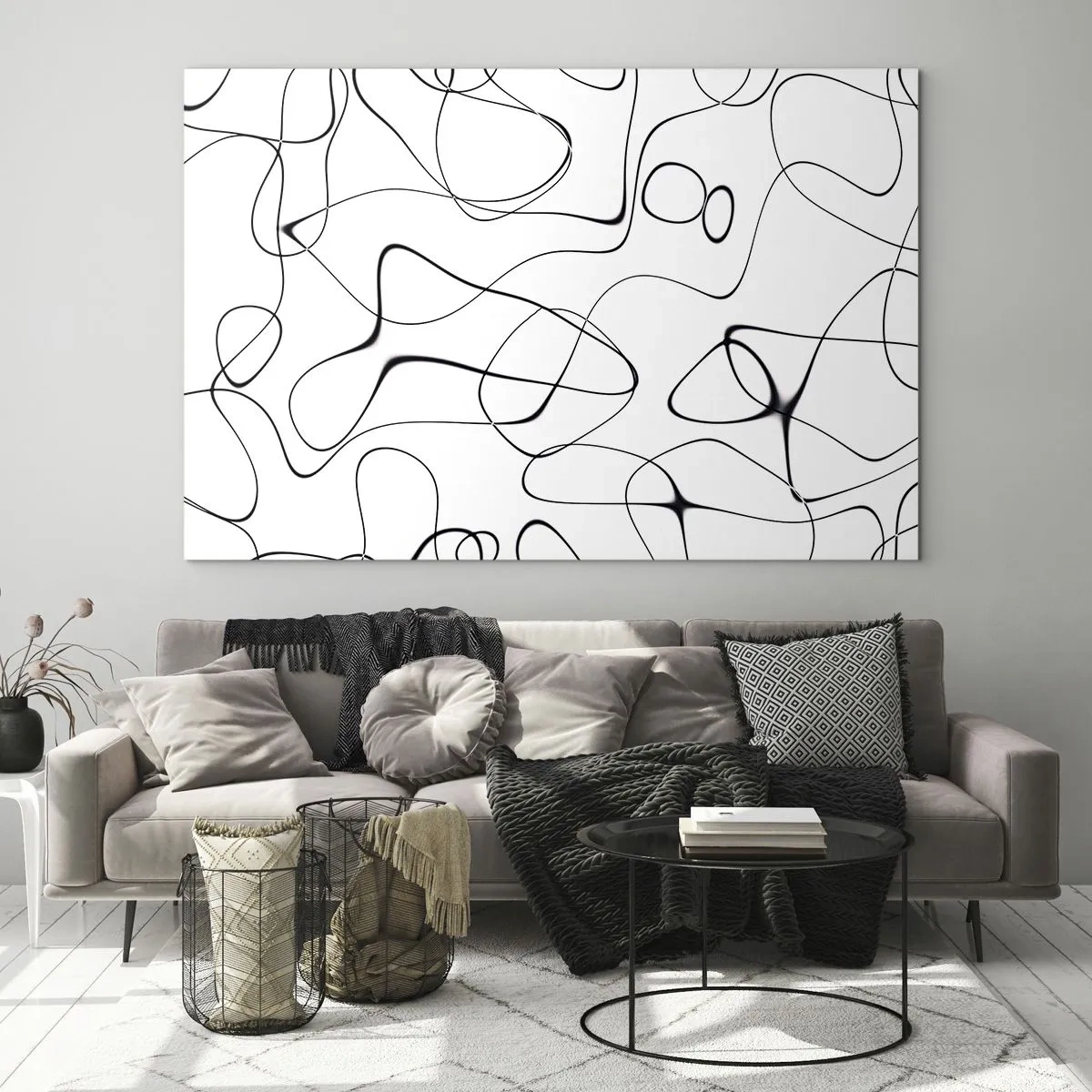 Glasbild - Bild auf glas - Abstrakte schwarze Linien auf weißem Hintergrund - 120x80cm - Lebenswege, Wechselfälle - Moderne Wanddekoration für Wohnzimmer und Schlafzimmer ARTTOR