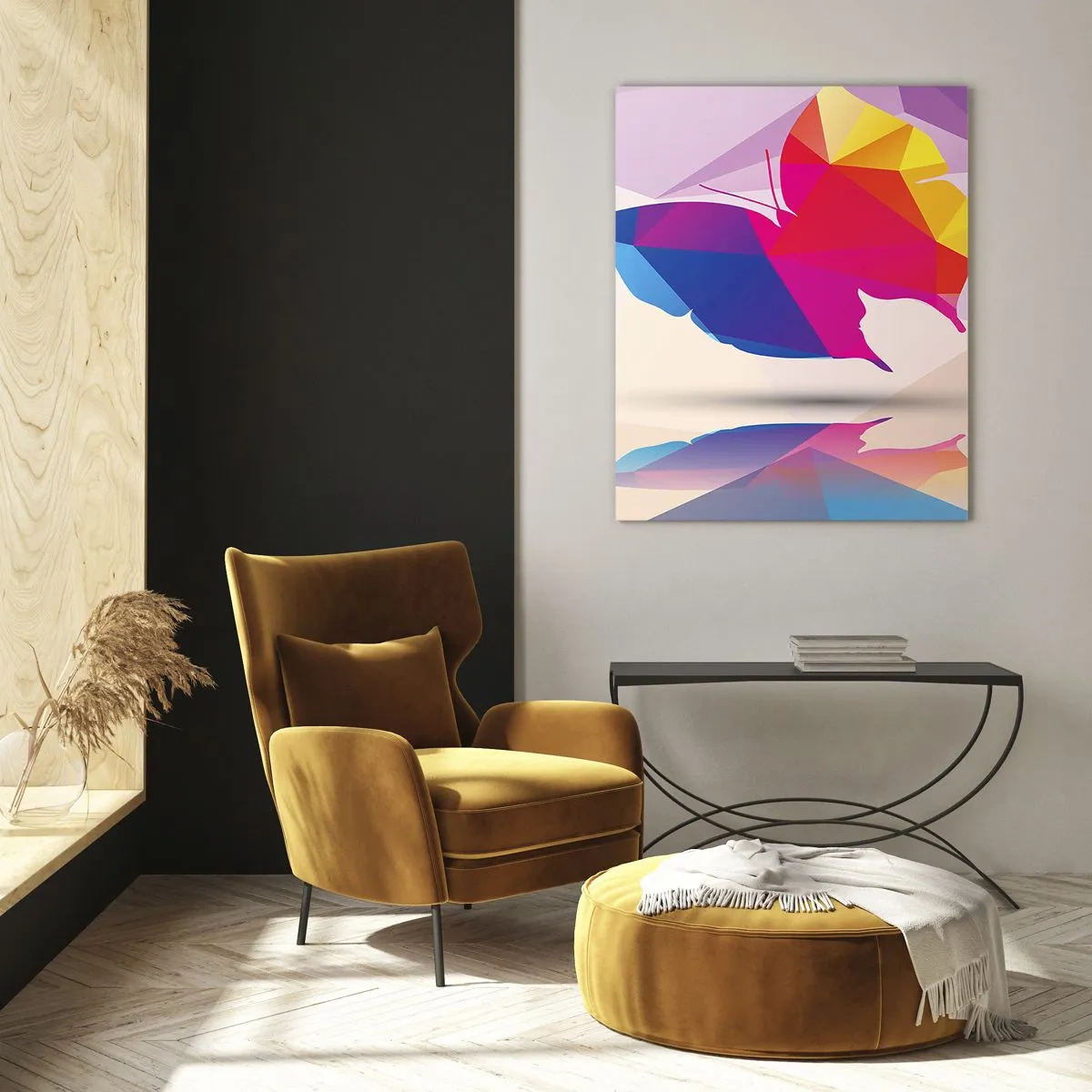 Glasbild - Bild auf glas - Geometrische Schmetterlingssilhouette in leuchtenden Farben - 70x100cm - Regenbogenschmetterling - Moderne Wanddekoration für Wohnzimmer und Schlafzimmer ARTTOR
