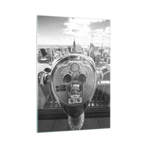Glasbild - Bild auf glas - Schwarz-Weiß-Ansicht von New York mit einem Beobachtungsteleskop - 50x70cm - Stadt über den Städten - Moderne Wanddekoration für Wohnzimmer und Schlafzimmer ARTTOR