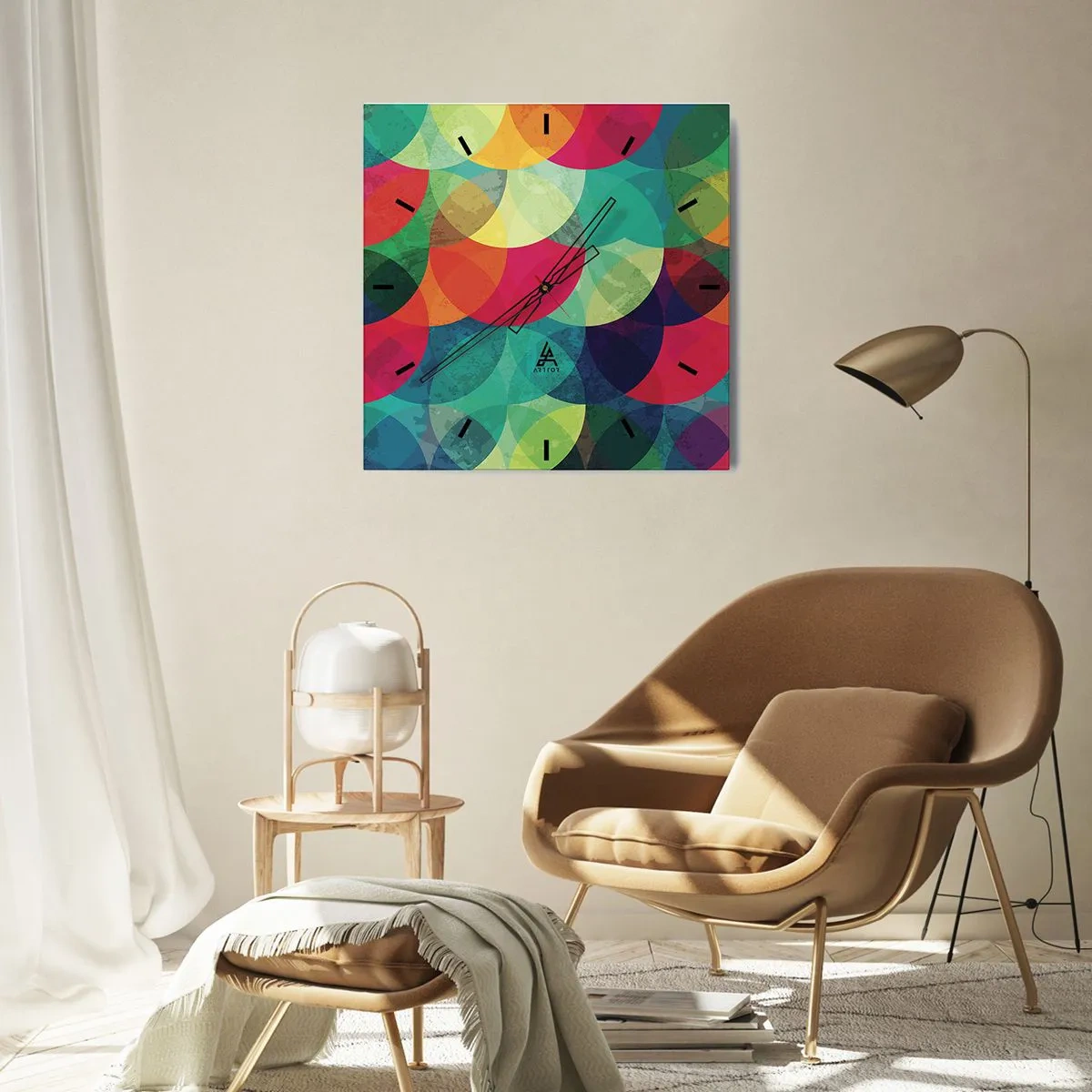 Wanduhr - Glasuhr - Bunte geometrische Muster aus Kreisen und Halbkreisen - 30x30cm - Aufstieg zum Regenbogen - Moderne Wanddekoration für Wohnzimmer und Schlafzimmer ARTTOR
