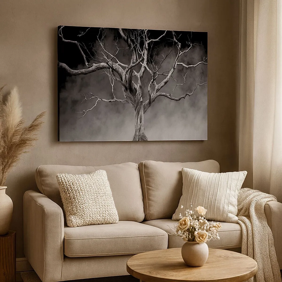 Bild auf Leinwand - Leinwandbild - Ein trockener Baum in Schwarz und Weiß gegen den Nebel - 70x50cm - Ursprünglich und heilig - Moderne Wanddekoration für Wohnzimmer und Schlafzimmer ARTTOR