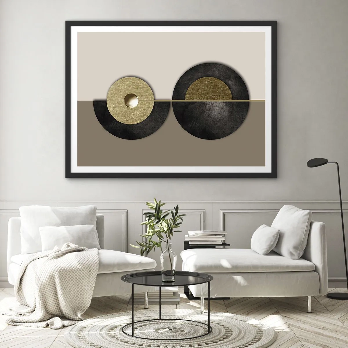 Poster in einem schwarzem Rahmen - Abstrakte Kreise in Gold- und Brauntönen - 70x50cm - Variationen rund um den Kreis - Moderne Wanddekoration für Wohnzimmer und Schlafzimmer ARTTOR