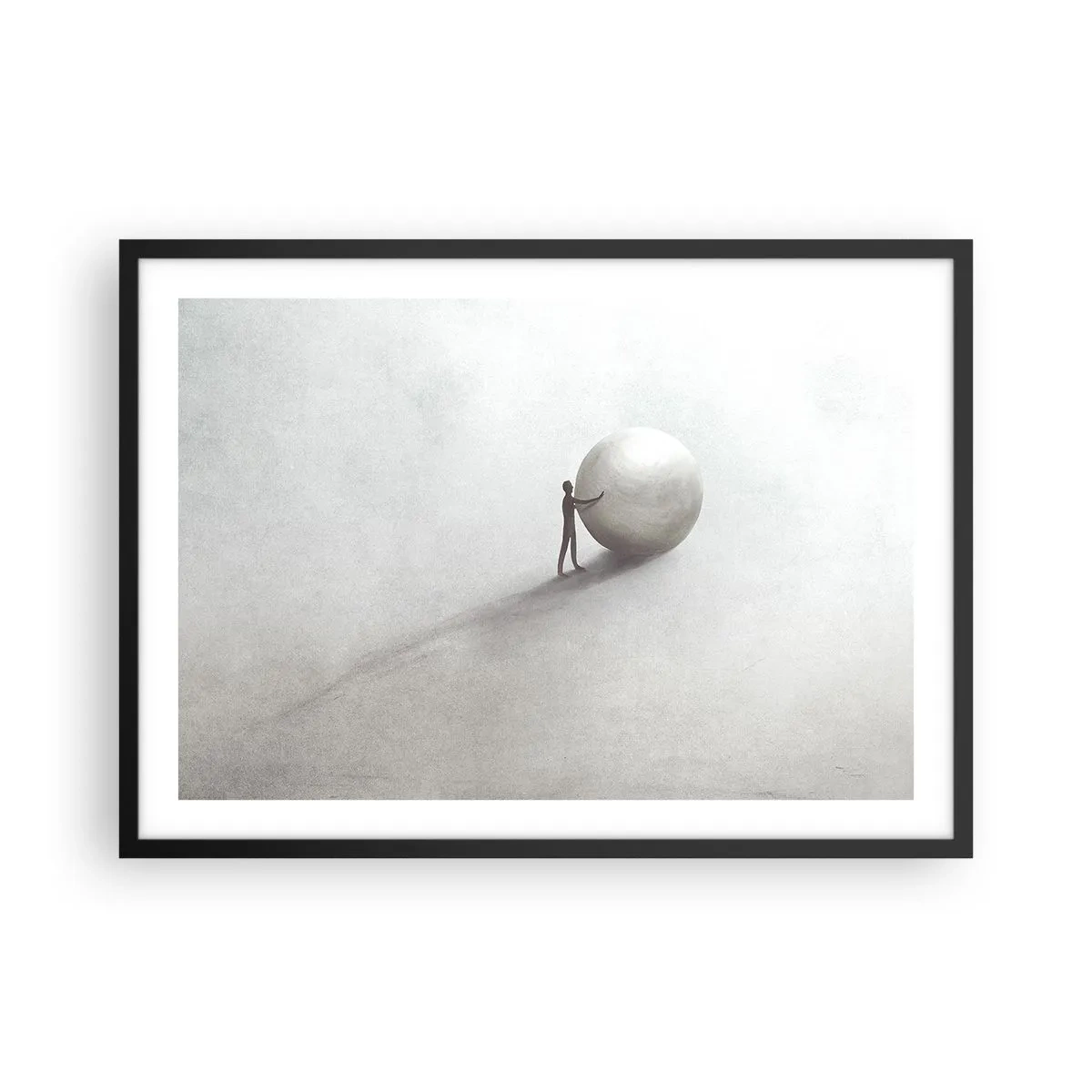 Poster in einem schwarzem Rahmen - Eine minimalistische Figur mit einem Ball auf einem hellen, monochromen Hintergrund. - 70x50cm - Das Spiel des Lebens - Moderne Wanddekoration für Wohnzimmer und Schlafzimmer ARTTOR