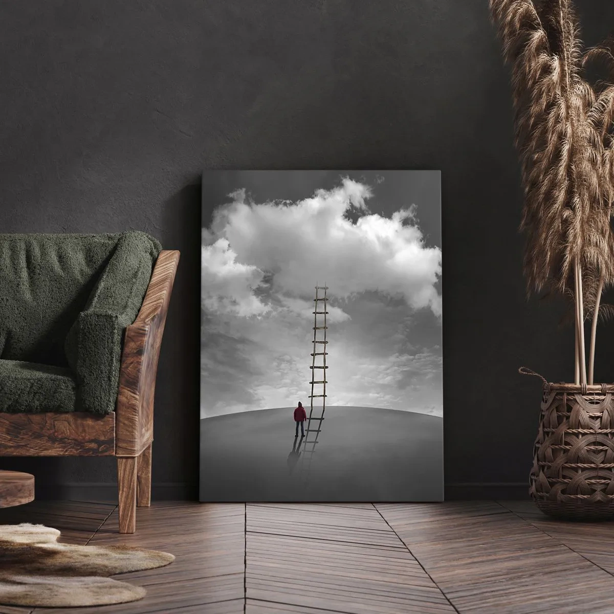 Bild auf Leinwand - Leinwandbild - Eine Person in einem roten Mantel und eine Leiter, die zu einer Wolke führt - 80x120cm - Alles ist möglich - Moderne Wanddekoration für Wohnzimmer und Schlafzimmer ARTTOR