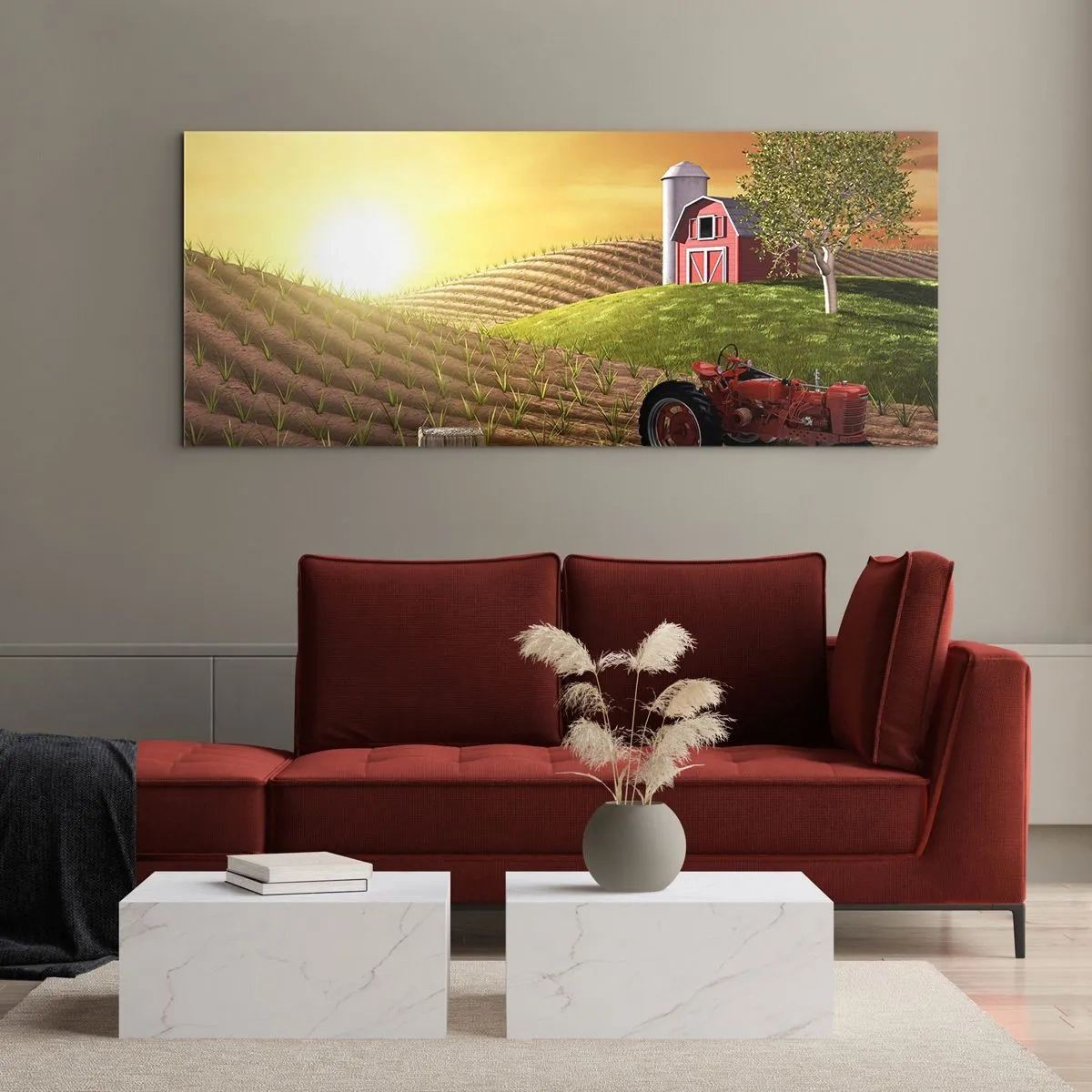 Glasbild - Bild auf glas - Ländliche Landschaft mit einer roten Scheune, Traktor und Sonnenaufgang - 140x50cm - Ein Bauernhof wie aus einem Märchen - Moderne Wanddekoration für Wohnzimmer und Schlafzimmer ARTTOR