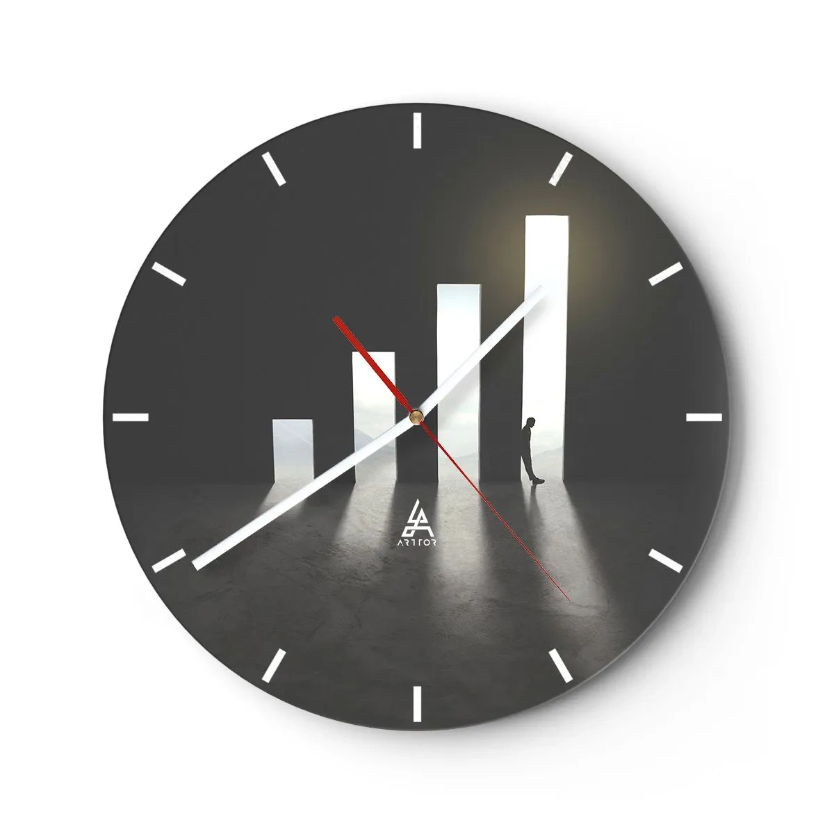 Wanduhr - Glasuhr - Die Silhouette eines Mannes im Licht geometrischer Portale - 30x30cm - Erfolg –