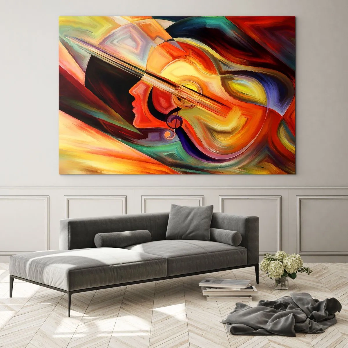 Glasbild - Bild auf glas - Abstraktes Porträt mit einer Gitarre und Musiknoten im Hintergrund - 120x80cm - Alles ist gut - Moderne Wanddekoration für Wohnzimmer und Schlafzimmer ARTTOR
