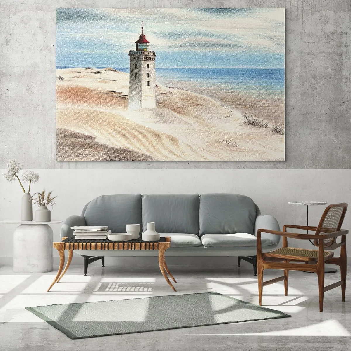 Glasbild - Bild auf glas - Ein Leuchtturm auf einer Wüstendüne an einem ruhigen Meer - 70x50cm - Immer aufs Meer starrend - Moderne Wanddekoration für Wohnzimmer und Schlafzimmer ARTTOR