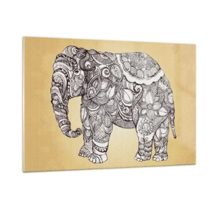 Glasbild - Bild auf glas - Schwarz-weißer Elefant mit orientalischen Mustern auf beigem Hintergrund - 120x80cm - Elefant verhüllte sich - Moderne Wanddekoration für Wohnzimmer und Schlafzimmer ARTTOR