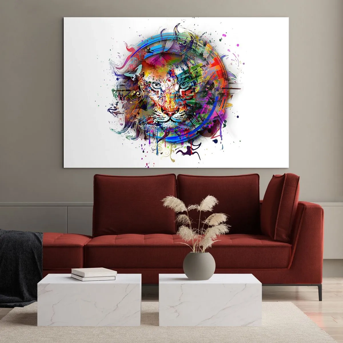 Glasbild - Bild auf glas - Farbenfrohes Löwenporträt im künstlerischen Stil mit abstrakten Akzenten - 100x70cm - Es lauert hinter einem Regenbogenschleier - Moderne Wanddekoration für Wohnzimmer und Schlafzimmer ARTTOR