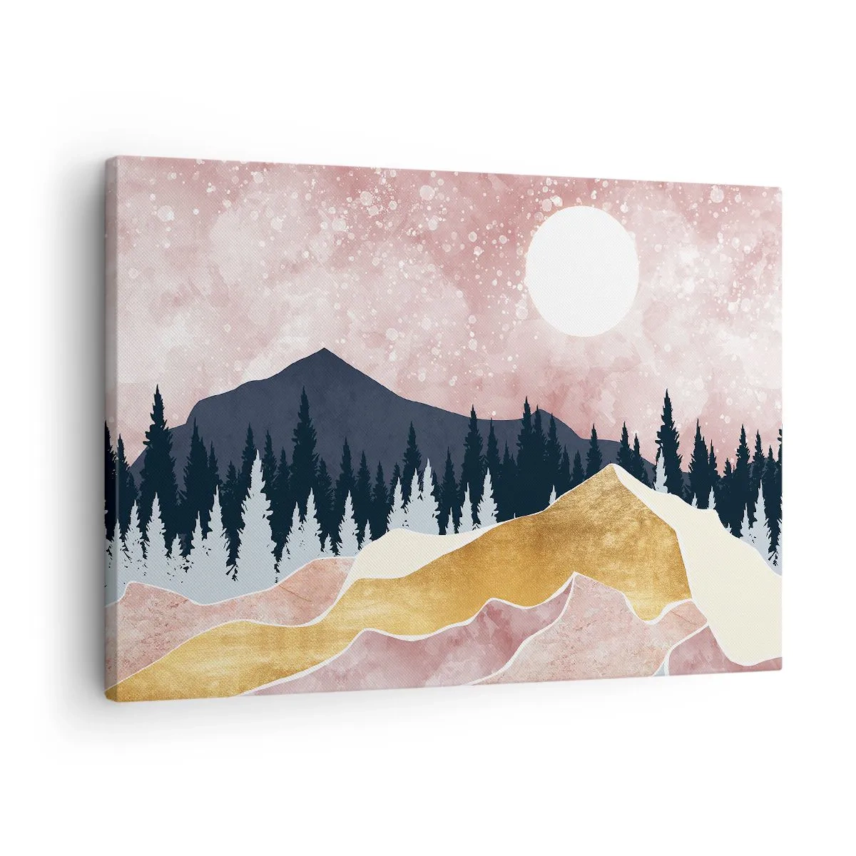 Bild auf Leinwand - Leinwandbild - Bunte Berge vor einem rosa Himmel mit einem Mond - 70x50cm - Nachtwache - Moderne Wanddekoration für Wohnzimmer und Schlafzimmer ARTTOR