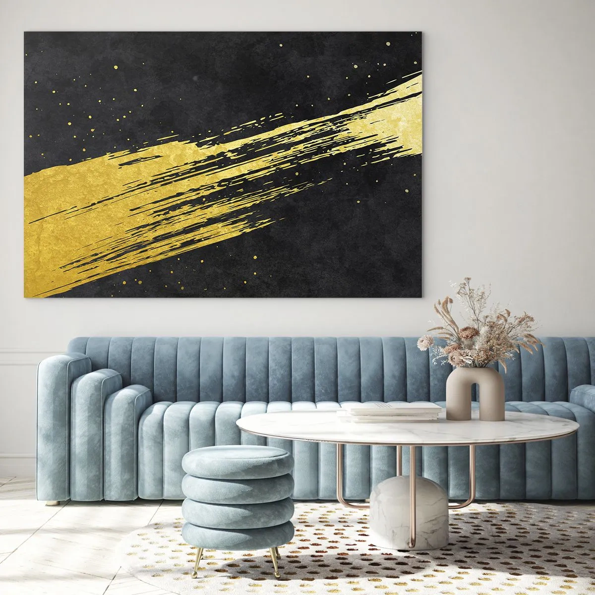 Glasbild - Bild auf glas - Ein goldener Pinsel auf schwarzem Hintergrund in dynamischer, abstrakter Form - 120x80cm - Sprung in den Hyperraum - Moderne Wanddekoration für Wohnzimmer und Schlafzimmer ARTTOR
