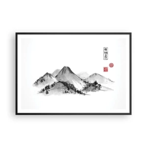 Poster in einem schwarzem Rahmen - Traditionelle Berglandschaft im Stil der japanischen Tuschemalerei - 100x70cm - Unendliche Fernen - Moderne Wanddekoration für Wohnzimmer und Schlafzimmer ARTTOR