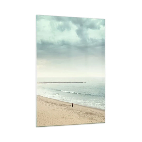 Glasbild - Bild auf glas - Eine einsame Gestalt an einem verlassenen Strand an einem ruhigen Meer - 70x100cm - Auf der Suche nach Frieden - Moderne Wanddekoration für Wohnzimmer und Schlafzimmer ARTTOR