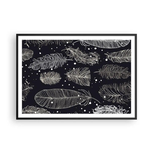 Poster in einem schwarzem Rahmen - Zarte weiße Federn auf marineblauem Hintergrund - 100x70cm - Gefiederte Spitze - Moderne Wanddekoration für Wohnzimmer und Schlafzimmer ARTTOR