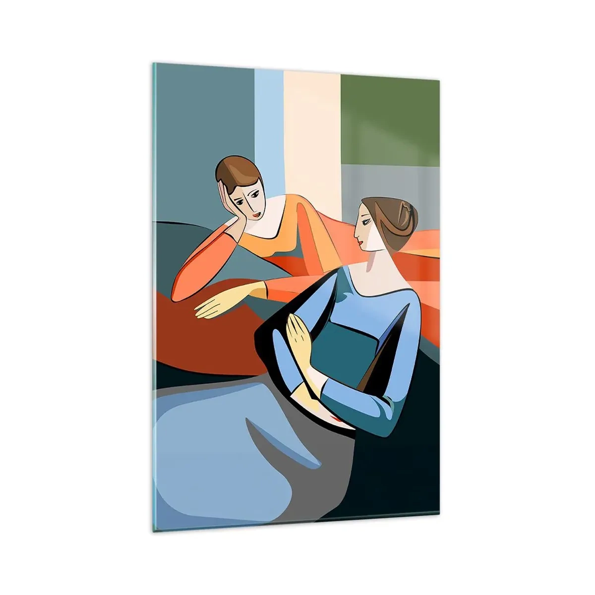 Glasbild - Bild auf glas - Abstrakte Darstellung zweier Frauen im kubistischen Stil - 80x120cm - Moment der Zuversicht - Moderne Wanddekoration für Wohnzimmer und Schlafzimmer ARTTOR