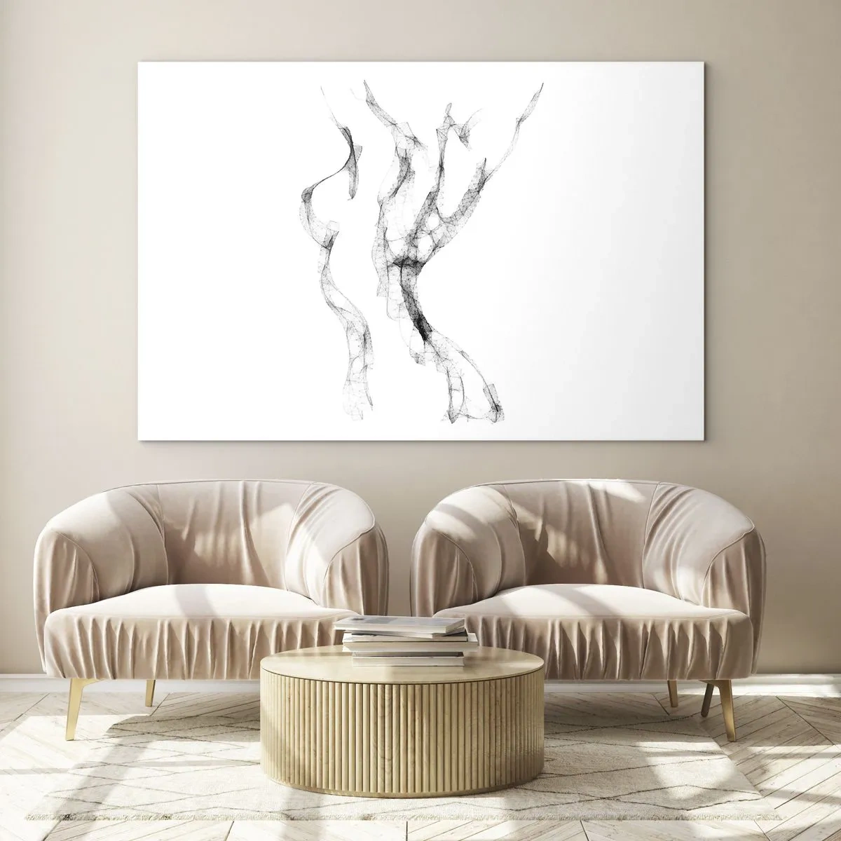 Glasbild - Bild auf glas - Abstrakte weibliche Umrisse aus schwarzen, rauchigen Linien - 70x50cm - Schön und stark - Moderne Wanddekoration für Wohnzimmer und Schlafzimmer ARTTOR